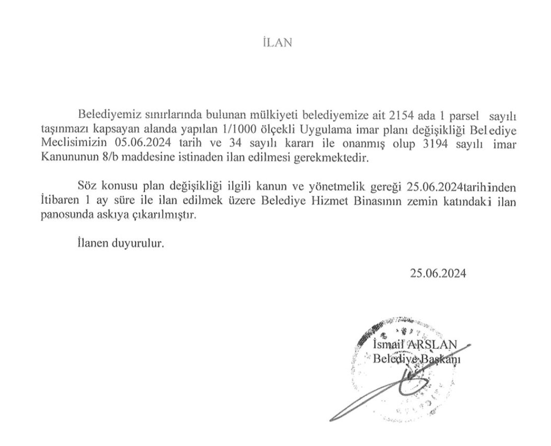 1/1000 ölçekli uygulama imar planı değişikliği