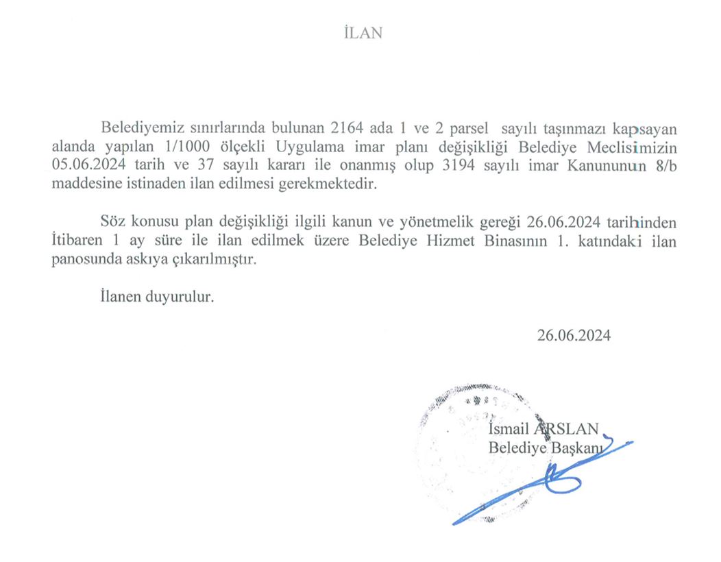 1/1000 ölçekli uygulama imar planı değişikliği